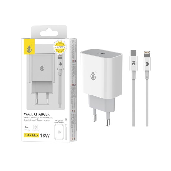 Carregador de Parede EU OnePlus NA0274 com Cabo Tipo C para Relâmpago 1PD Porta 3,4A Máx. 18 W Branco